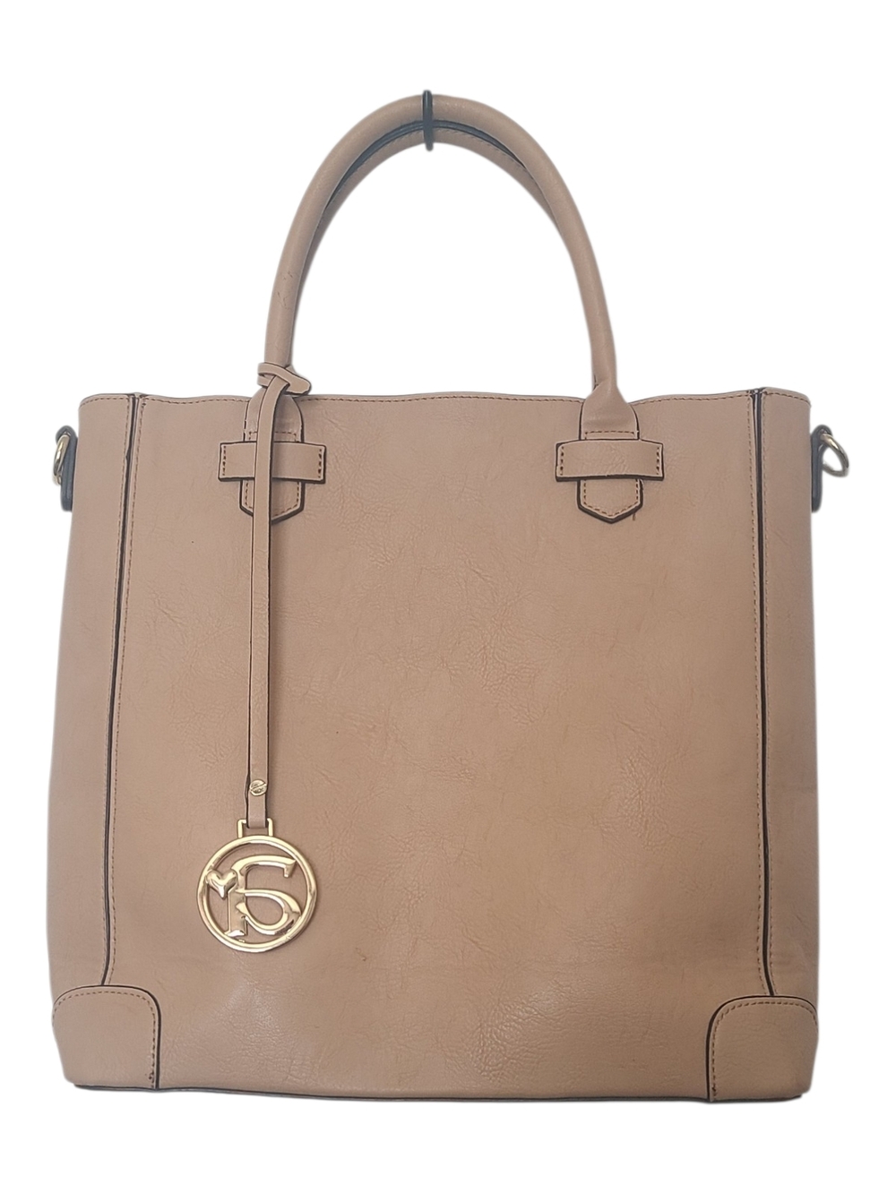 Taupe Leather Tote Handbag with Gold Charm